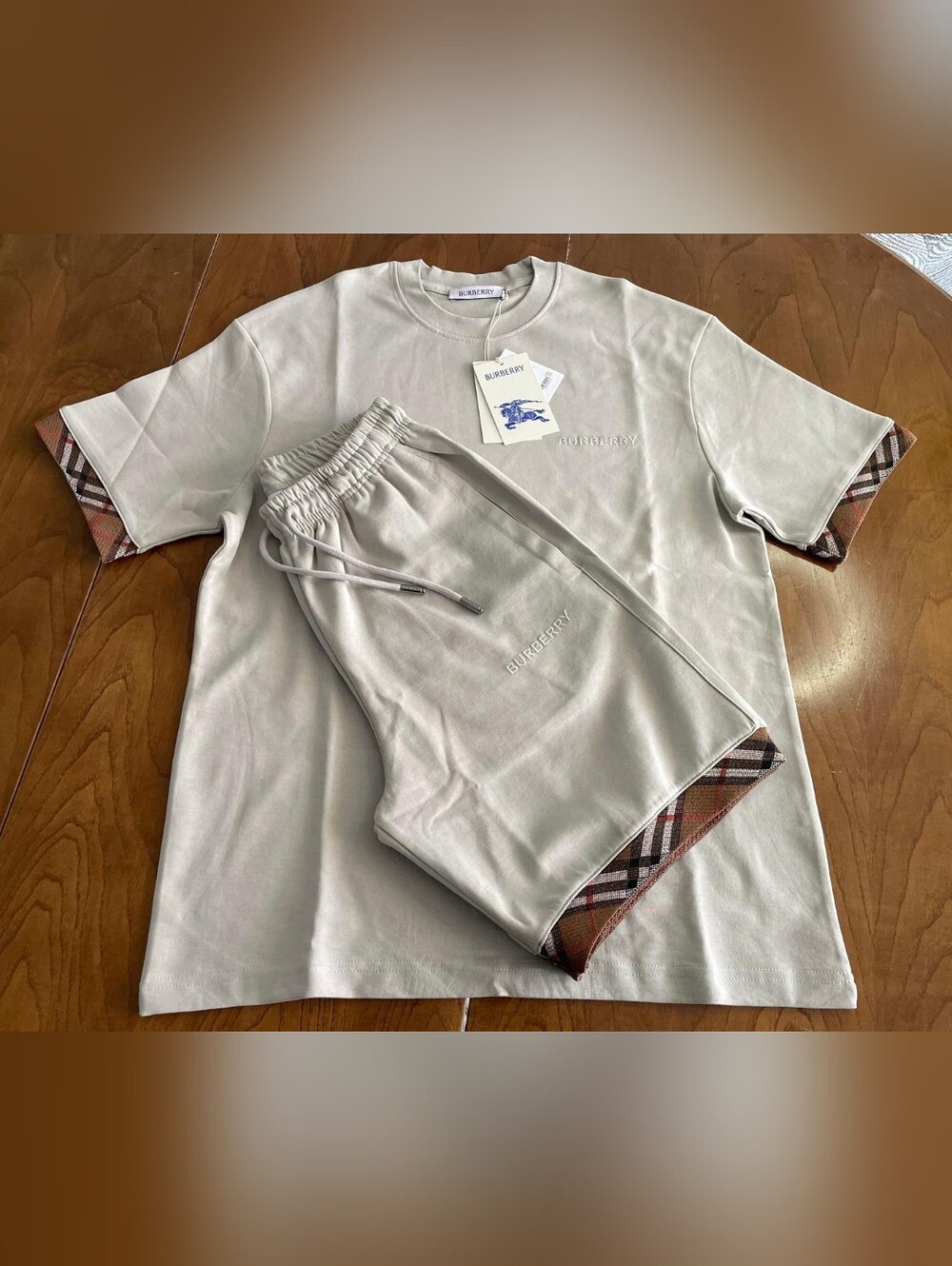 Burberry Men's Grey Designer Shirt & Shorts Set- Size L